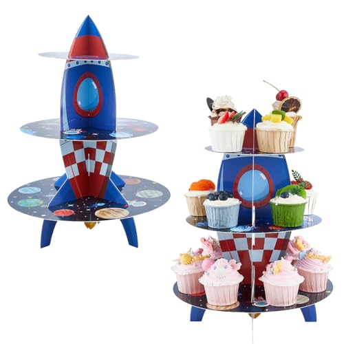 DICOSMETIC 2 Stück 3 Etagen Space Cupcake Ständer Papier Dessert Turm Display Karton Cupcake Halter Raketen Thema Kuchen Halter Für Geburtstagsfeier Partyzubehör Und Dekorationen von DICOSMETIC