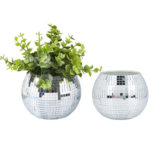 DICOSMETIC 2 Stück Disco Ball Vase Runder Disco Ball Blumentopf Disco Ball Dekor Blumenvase Mit Silbernem Spiegel Disco Ball Mittelstücke Für Hochzeit Büro Schlafzimmer Dekor 11.8x9.5cm von DICOSMETIC
