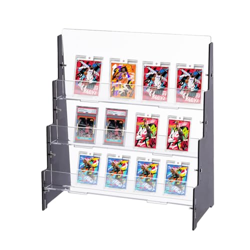 DICOSMETIC 3 Tier Acryl Trading Card Display Ständer Grußkartenhalter Tragbarer Displayständer Schwarz Sportkartenorganisator Für Messen Verkäufer Einzelhandelszähler von DICOSMETIC