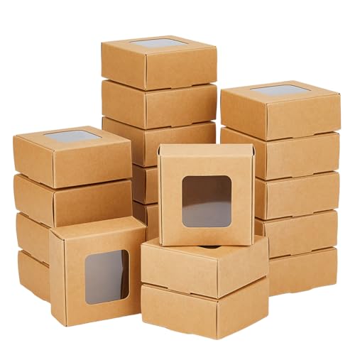 DICOSMETIC 30 Stück Kleine Kraftpapierbox Mit Fenster 2.76x2.76x1.18 Braune Bäckereiboxen Wiederverwendbar Aufbewahrungsbox Für Süßigkeiten Für Kekse Gebäck Cupcakes Dessertverpackungen von DICOSMETIC