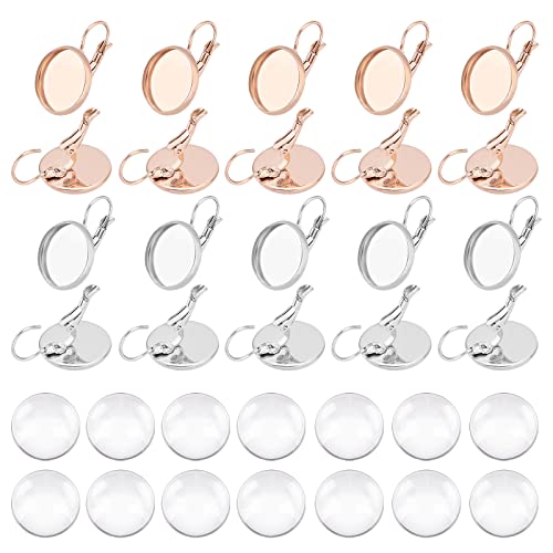 DICOSMETIC 32 Sets 14mm Tablett Roségold Und Edelstahl Farbe Brisur Ohrringhaken Lünette Tablett Ohrringfassungen Flache Runde Ohrringzubehör Mit Cabochons Für Die Schmuckherstellung Stift: 0.8mm von DICOSMETIC