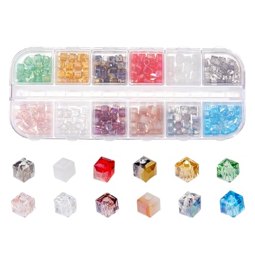 DICOSMETIC 360 Stück 12 Farben Würfel Facettiert Glas Perlen Quadrat Kristall Perlen 4mm Kristall Abstand Perle Elektroplattierte Perle Für Schmuckherstellung Loch: 1mm (Helle Farbe) von DICOSMETIC