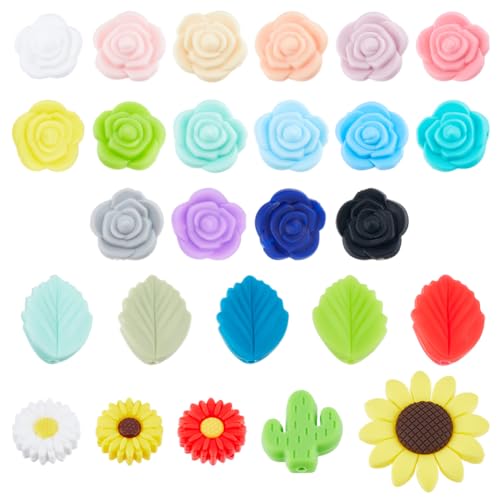 DICOSMETIC 37 Stück Silikon Fokusperlen 26 Stile Blumen Silikonperlen Bunte Lose Silikonperlen Für Stifte Halsketten Und Armbänder von DICOSMETIC