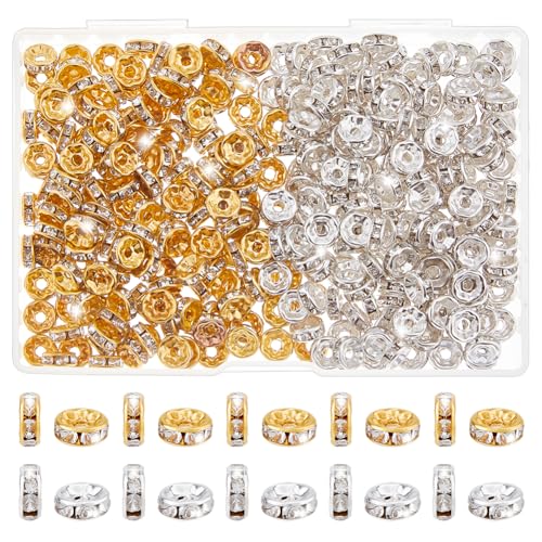 DICOSMETIC 400 Stück Rondelle Spacer Perlen 7-8mm Metall Rondelle Perlen Kristall Strass Spacer Perlen Goldene Silber Strass Zwischenperlen für die Schmuckherstellung, Bohrung: 2mm von DICOSMETIC