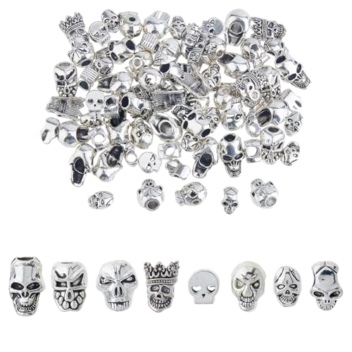 DICOSMETIC 80 Stück 8 Stile Legierung Totenkopf Spacer Perlen Sets Antiksilber Metall Skelett Perlen Großes Loch tibetischen Stil Legierung Perlen für Schmuckfindung, Loch: 1,2–5 mm von DICOSMETIC