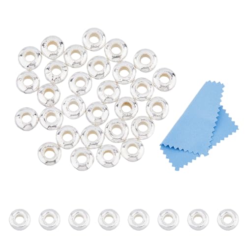 DICOSMETIC Abstandshalter-Perlen aus 925er-Sterlingsilber, 3,4 mm, glatte runde Perlen, großes Loch, Silberperlen mit Poliertuch für Ringe, Halsketten, Ohrringe, Armbänder, 30 Stück von DICOSMETIC