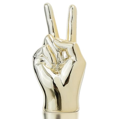 DICOSMETIC Goldene Hand Skulptur Friedenszeichen Dekor Moderne Siegeshand Statue Harz Regaldekoration Ring Display Ständer Für Zuhause Büro Schreibtisch Wohnzimmer Schrankregal von DICOSMETIC