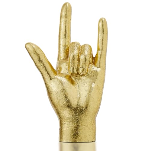 DICOSMETIC Goldene Hand Skulptur Ich Liebe Dich Hand Statue ASL Handzeichen Skulptur Rock and Roll Schreibtisch Dekor Harz Regal Dekoration Ring Display Ständer Für Zuhause Dekor von DICOSMETIC