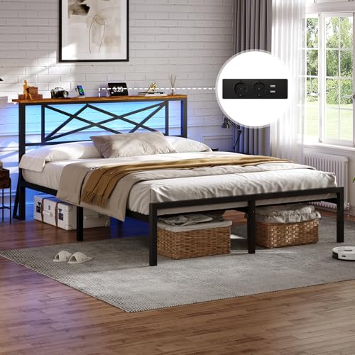 DICTAC Bett 140x200cm mit LED Beleuchtung, Bettgestell 140x200cm mit Steckdose und 2 USB-Ladefunktion, Metallbett mit Holzkopfteil Stauraum, Bettrahmen mit Stauraum unter dem Bett, Höche 32 von DICTAC