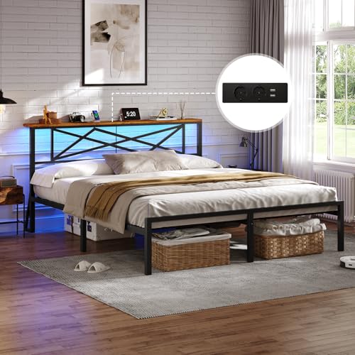 DICTAC Bettgestell 160x200 mit LED Beleuchtung Bett 160x200 mit Steckdose und USB-Ladefunktion &Holzkopfteil Metallbett mit Lattenrost aus Metall,Bettrahmen mit Stauraum unter dem Bett, Höche 32 von DICTAC