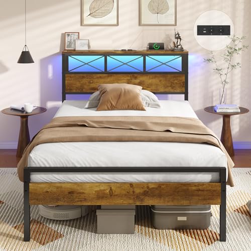 DICTAC Gästebett 90x200 cm mit USB-C & USB-Ladestation + 2 Steckdosen – Platzsparendes Metallbettgestell mit LED-Beleuchtung & Metall-Lattenrost – Einzelbett für Gästezimmer von DICTAC