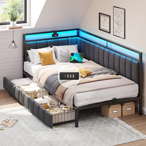 DICTAC Jugendbett 90x190 mit LED-Beleuchtung und USB-Ladestation Polsterbett Tagesbett 90x190 mit Lattenrost aus Metall und 2 Schubladen,Gästebett,Bettgestell,Schlafsofa - ohne Matratze,Dunkelgrau von DICTAC