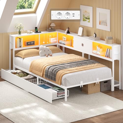 DICTAC Jugendbett 90x200 mit LED-Beleuchtung und Ladestation, Schlafsofa 90 x 200 mit Lattenrost aus Metall, Tagesbett Einzelbett 90x200 mit stauraum-5 Staufächern und 2 Schubladen,weiß LED Daybed von DICTAC