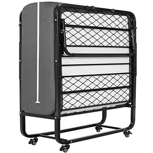 DICTAC Klappbett 90x200 cm Erwachsene Gästebett Klappbar mit ca.13CM Dicke Gedächtnisschaum Matratze Faltbare Metallbett stabil Mit Rollen leicht zu tragen und Zusammenzubauen bis 200kg belastbar von DICTAC