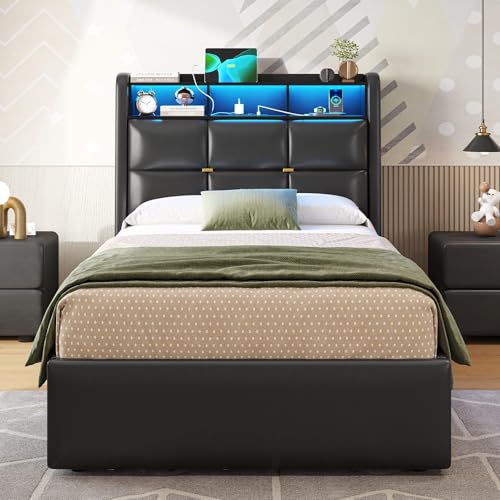 DICTAC Polsterbett 90x200 mit Bettkasten,LED Beleuchtung und Steckdosenleiste Bettgestell 90x200 mit Lattenrost Jugendbett Bettrahmen Erwachsene mit Stauraum Kopfteil und USB-Anschlüsse,Schwarz DICTAC Polsterbett 90x200 mit Bettkasten,LED Beleuchtung und Steckdosenleiste Bettgestell 90x200 mit Lattenrost Jugendbett Bettrahmen Erwachsene mit Stauraum Kopfteil und USB-Anschlüsse,Schwarz von DICTAC