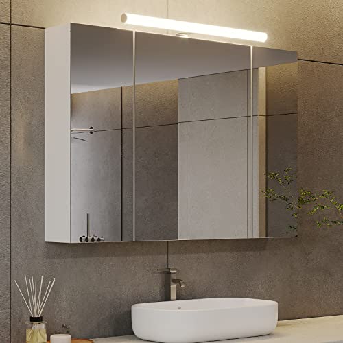 DICTAC Spiegelschrank Bad,Steckdose und Lichtschalter 80x16x60cm(BxTxH),Badschrank mit Beleuchtung und Spiegel,Badezimmer mit 3 Türen,Hängeschrank,badspiegel,Weiß von DICTAC