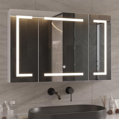 DICTAC Spiegelschrank Bad mit LED Beleuchtung und Steckdose 100x60x13.5 cm Metall Bad Spiegelschrank mit licht Badschrank mit Spiegel und Regale,3 Farbtemperatur dimmbare,Berührung Sensorschalter,Weiß von DICTAC