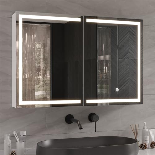 DICTAC Spiegelschrank Bad mit LED Beleuchtung und Steckdose 90x60x13.5 cm Metall Badezimmer Spiegelschrank mit licht Doppeltür Badschrank mit Spiegel und Ablage,3 Farbtemperatur dimmbare,Weiß von DICTAC