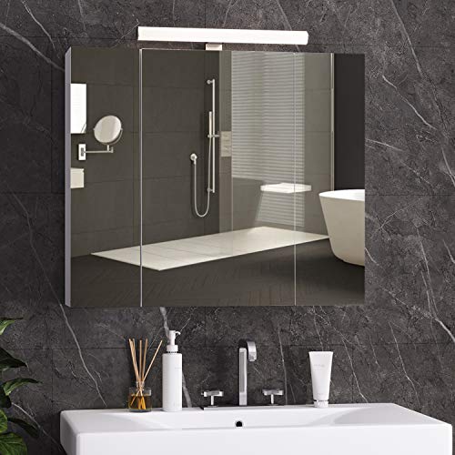 DICTAC spiegelschrank Bad mit LED Beleuchtung,Steckdose und lichtschalter 70x15x60cm(BxTxH) Badezimmer spiegelschrank mit 3 Türen,badschrank mit Spiegel,Hängeschrank,badspiegel,Weiß von DICTAC