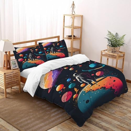 DICVXOR Astronaut Planet 3 Teilig Bettwäsche | Bettwäsche Set Space Theme Mit Je Bettbezügen Super King（260x220cm） & Kissenbezügen & Für Allergiker Geeignet von DICVXOR