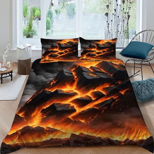 DICVXOR Bettwäsche 3 Teilig Feuer Felsen Bettwäsche Landscape Illustration Bettbezüge King（220x240cm） Kissenbezüge Bettwäsche-Sets Polyester Mikrofaser Mit Reißverschluss von DICVXOR