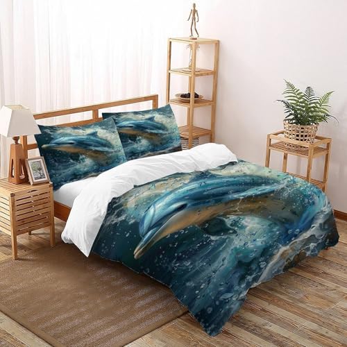 DICVXOR Delphin Spritzer 3 Teilig Bettwäsche | Bettwäsche Set Animal Theme Wildlife Marine Animal Mit Je Bettbezügen Super King（260x220cm） & Kissenbezügen & Für Allergiker Geeignet von DICVXOR
