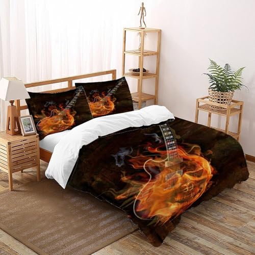 DICVXOR Gitarrenfeuer Bettbezug 3-teilig Theme Kinderbettwäsche-Set Reißverschluss Mit Kissenbezug Betten Set Für Jungen Und Mädchen,Kinder Double（200x200cm） von DICVXOR