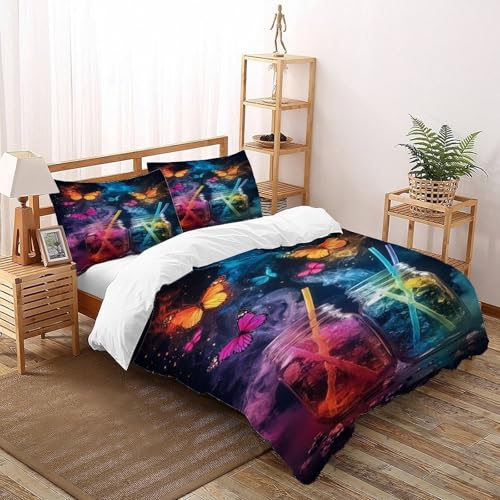DICVXOR Gläser Schmetterlinge Bettbezug-Set 3 Teilig Für Jungen Und Mädchen 3D-Digitaldruck Animal Theme Domestic Animals Weiche Mikrofaser Mit Reißverschluss Und Kissenbezug Super King（260x220cm） von DICVXOR