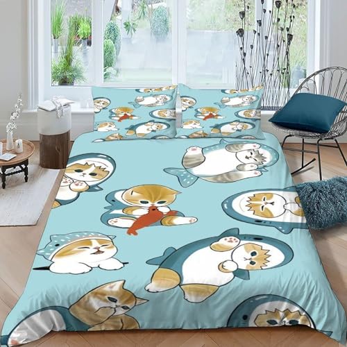 DICVXOR Katze Hai Bettwäsche-Sets 3 Teilig Für Jungen Und Mädchen 3D-Digitaldruck Animal Theme Domestic Animals Weiche Mikrofaser Mit Reißverschluss Und Kissenbezug King（220x240cm） von DICVXOR