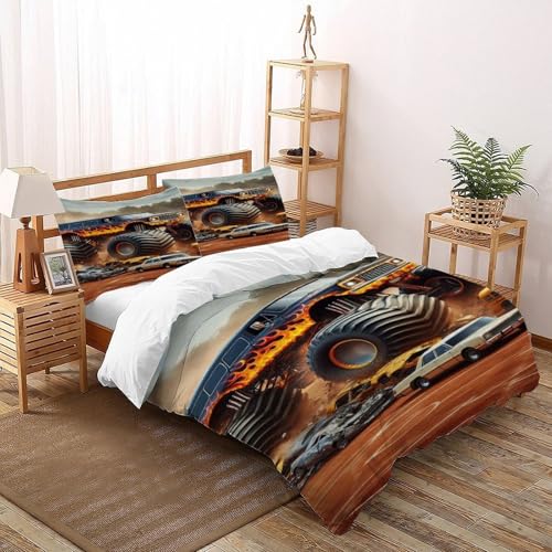 DICVXOR Monstertruck Bettbezug Kinderbettwäsche Reißverschluss Mit Kissenbezug Betten Set Sports Theme Für Jugendliche Kinder Schlafzimmer Super King（260x220cm） von DICVXOR