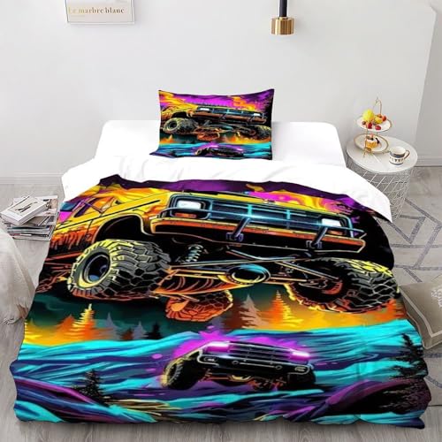 DICVXOR Monstertruck Bettwäsche 2 Teilig Bettbezüge Sports Theme Kissenbezug Betten Set Mit Reißverschluss Für Jungen Und Mädchen,Kinder Single（135x200cm） von DICVXOR