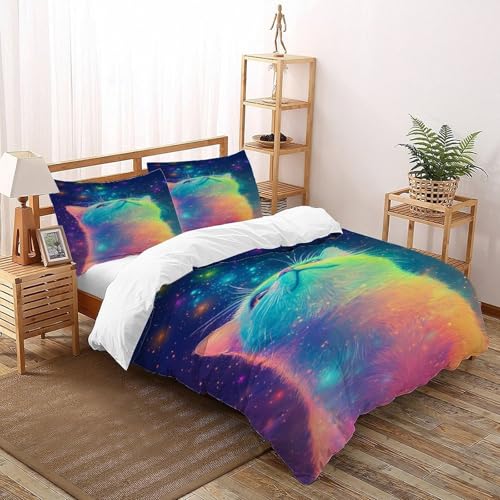 DICVXOR Regenbogenkatze Kosmisch Bettwäsche-Sets 3 Teilig Für Jungen Und Mädchen 3D-Digitaldruck Animal Theme Weiche Mikrofaser Mit Reißverschluss Und Kissenbezug Super King（260x220cm） von DICVXOR