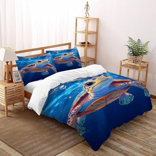 DICVXOR Schildkröte Wasser Bettwäsche Double（200x200cm） Set 3 Teilig,Animal Theme Wildlife Domestic Animals Marine Animal Mikrofaser Bettbezug Und Kissenbezüge Mit Reißverschluss von DICVXOR