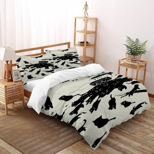 DICVXOR Schwarze Katzen Tinte Bettbezug-Set 3 Teilig Für Jungen Und Mädchen 3D-Digitaldruck Animal Theme Domestic Animals Weiche Mikrofaser Mit Reißverschluss Und Kissenbezug Double（200x200cm） von DICVXOR