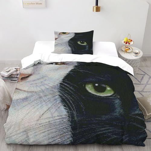 DICVXOR Weiße Katze Schwarze Katze Bettwäsche Set 2-teilig Mit Kissenbezügen Reißverschluss Animal Theme Domestic Animals Betten Set Für Jungen Und Mädchen,Kinder Single（135x200cm） von DICVXOR