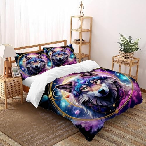 DICVXOR Wolf Kosmos Bettwäsche-Sets 3 Teilig Für Jungen Und Mädchen 3D Druck Wildlife Animal Theme Microfaser Und Kissenbezug Mit Reißverschluss Super King（260x220cm） von DICVXOR