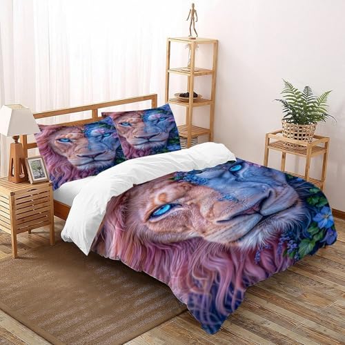 3D Gedruckt Split Lion mit Blumen Bettwäsche Set Jugendliche Kind Band Bettwäsche 3er Set Modern Kissenbezüge Mit ReißVerschluss Soft Super King（260x220cm） von DICVXST