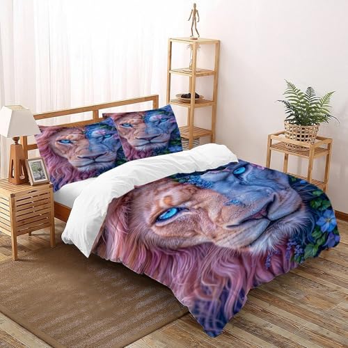 3D Gedruckt Split Lion mit Blumen Bettwäsche Set Jugendliche Kind Band Bettwäsche 3er Set Weiche Kissenbezüge Mit ReißVerschluss Soft King（220x240cm） von DICVXST