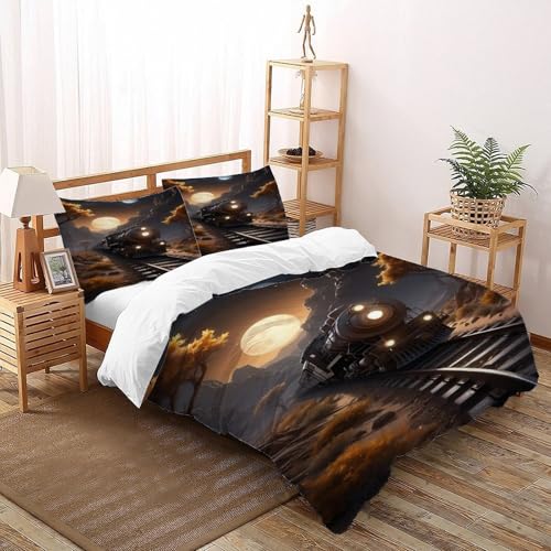 3D Gedruckt Zug in der Wüste bei Mondlicht Bettwäsche Set Jugendliche Kind Band Bettwäsche 3er Set Microfaser Kissenbezüge Mit Reißverschluss King（220x240cm） von DICVXST