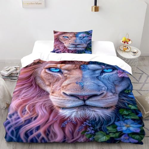 3D Split Lion mit Blumen Bettwäsche-Sets Jugendliche Kind Band Bettwäsche 2er Set Modern Kissenbezüge Mit ReißVerschluss Soft Single（135x200cm） von DICVXST