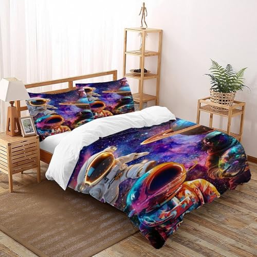 DICVXST 3D Astronautengruppe Bettbezug Set Junge Mädchen Band Bettwäsche 3er Set Microfaser Kissenbezüge Mit ReißVerschluss Soft Super King（260x220cm） von DICVXST