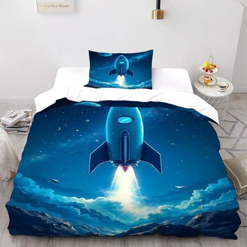DICVXST 3D Blue Raketenstart Bettwäsche-Sets Junge Mädchen Band Bettwäsche 2er Set Microfaser Kissenbezüge Mit ReißVerschluss Soft Single（135x200cm） von DICVXST