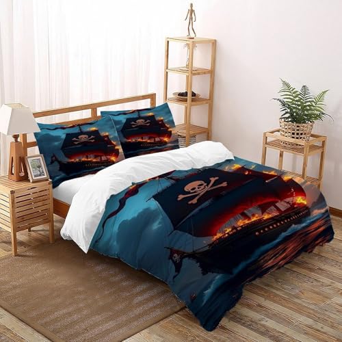 DICVXST 3D Brennendes Piratenschiff bei Sonnenuntergang Bettwäsche-Sets Jugendliche Kind Band Bettwäsche 3er Set Modern Kissenbezüge Mit ReißVerschluss Soft Super King（260x220cm） von DICVXST