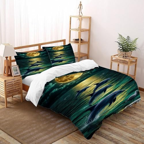 DICVXST 3D Delfine unter dem goldenen Mond Bettwäsche Set Jugendliche Kind Band Bettwäsche 3er Set Mikrofaser Kissenbezüge Mit ReißVerschluss Soft Double（200x200cm） von DICVXST