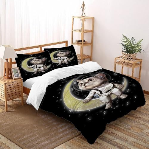 DICVXST 3D Gedruckt Astronaut Katze auf dem Mond Bettwäsche Set Jugendliche Kind Band Bettwäsche 3er Set Weiche Kissenbezüge Mit ReißVerschluss Soft Super King（260x220cm） von DICVXST