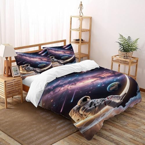DICVXST 3D Gedruckt Astronaut auf dem Mond Bettwäsche Set Mädchen Band Bettwäsche 3er Set Mikrofaser Kissenbezüge Mit ReißVerschluss Soft King（220x240cm） von DICVXST