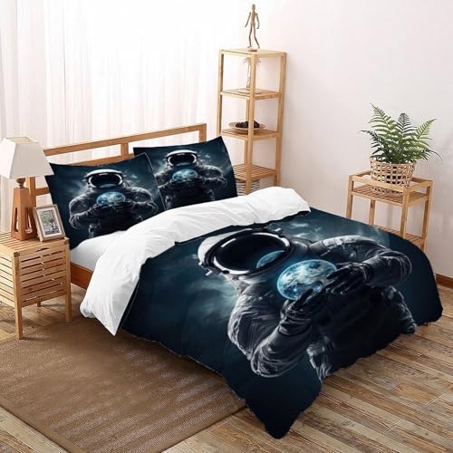DICVXST 3D Gedruckt Astronaut hält Erde Bettwäsche Set Jugendliche Kind Band Bettwäsche 3er Set Modern Kissenbezüge Mit ReißVerschluss Soft King（220x240cm） von DICVXST