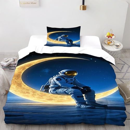 DICVXST 3D Gedruckt Astronaut sitzt auf Halbmond Bettwäsche Set Kinder Band Bettwäsche 2er Set Microfaser Kissenbezüge Mit ReißVerschluss Soft Single（135x200cm） von DICVXST