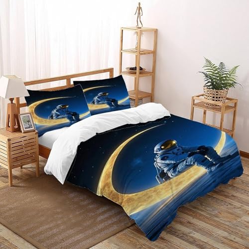 DICVXST 3D Gedruckt Astronaut sitzt auf Halbmond Bettwäsche Set Mädchen Band Bettwäsche 3er Set Weiche Kissenbezüge Mit ReißVerschluss Soft King（220x240cm） von DICVXST