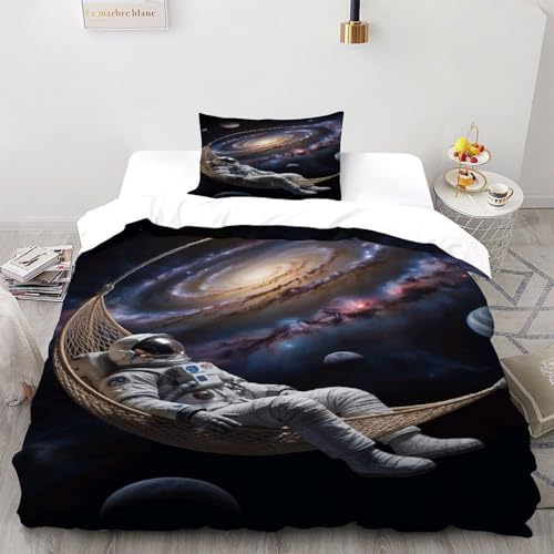DICVXST 3D Gedruckt Astronauten Hängematte Galaxie Bettwäsche Set Mädchen Band Bettwäsche 2er Set Microfaser Kissenbezüge Mit ReißVerschluss Soft Single（135x200cm） von DICVXST